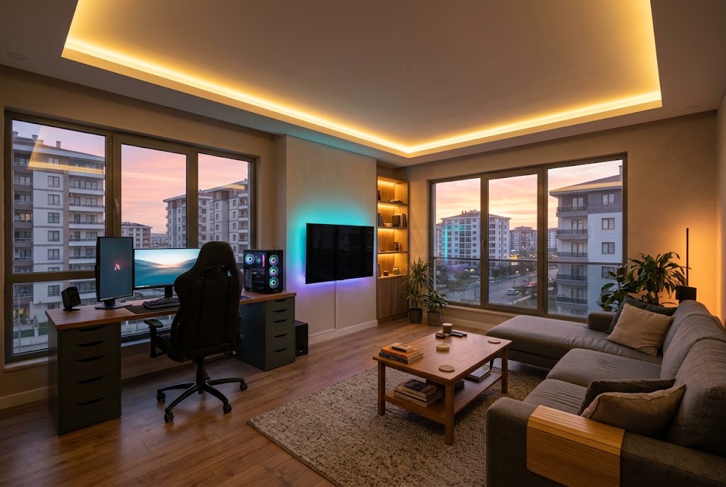 Akşamüstü şehir manzaralı, belirgin LED aydınlatmalı salon ve oyuncu köşesi