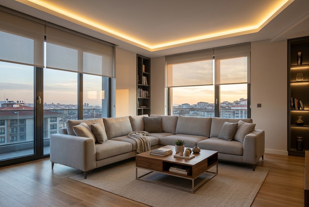 Gizli tavan aydınlatması ve geniş perdeleri olan modern salon
